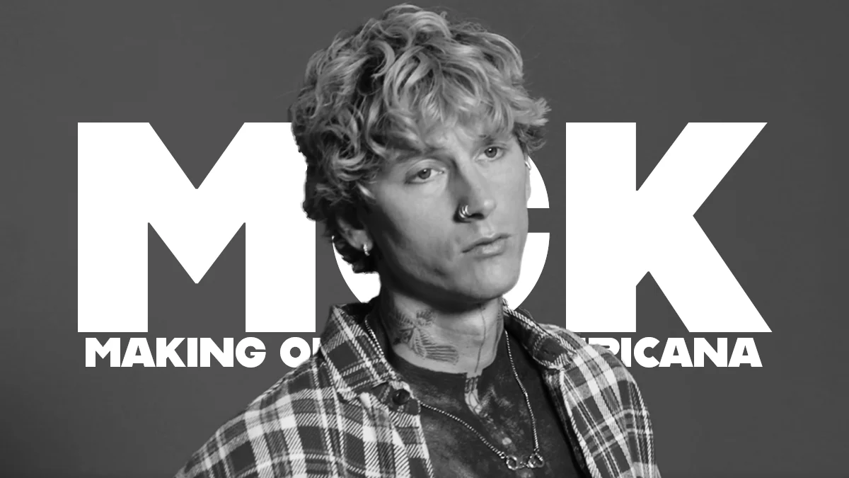 Black and white portrait of MGK in a plaid shirt, over title text reading Making of Lost Americana